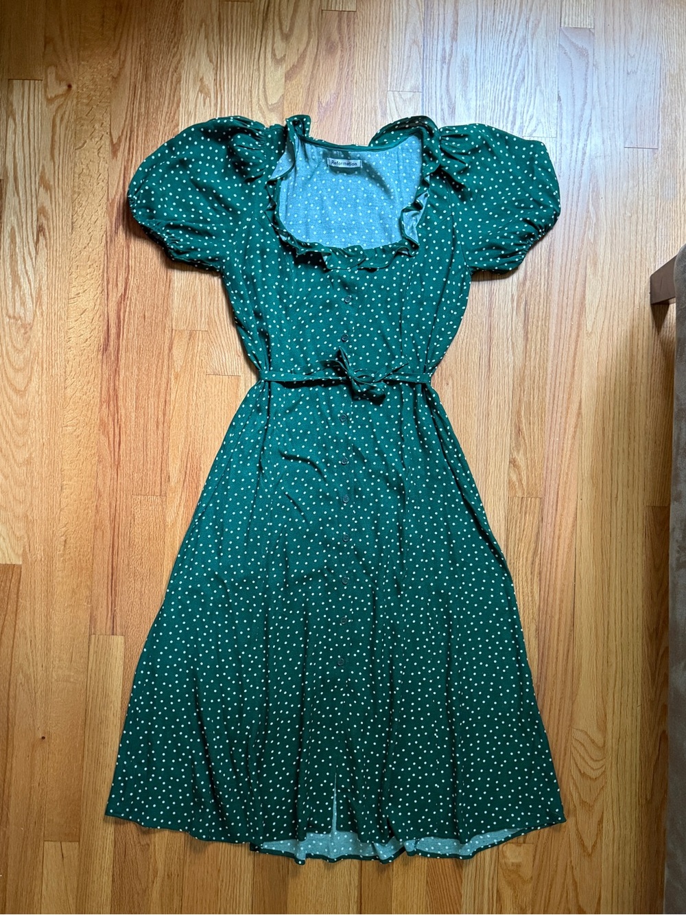 Reformation Emerald Green Polka Dot Puff Sleeve Midi Dress